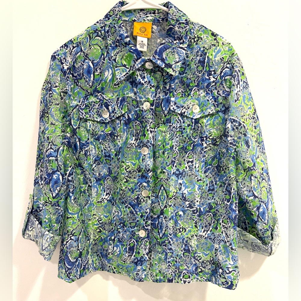 Women’s Ruby Rd. Sheer Button-Up  Roll-Tab 3/4 Sleeves Green Blue Size 16